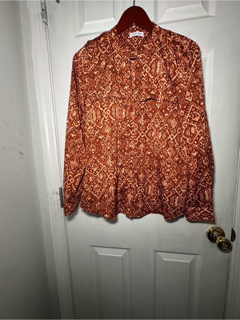 Calvin Klein Rust Patterned Button-Front Blouse